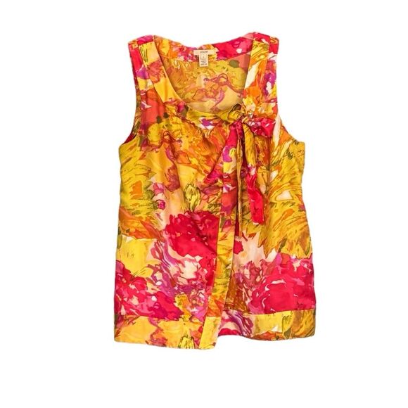 J. Crew | Yellow Pink Floral Print Silk Asymmetric Tie Women’s Sleeveless Blouse - Picture 1 of 13